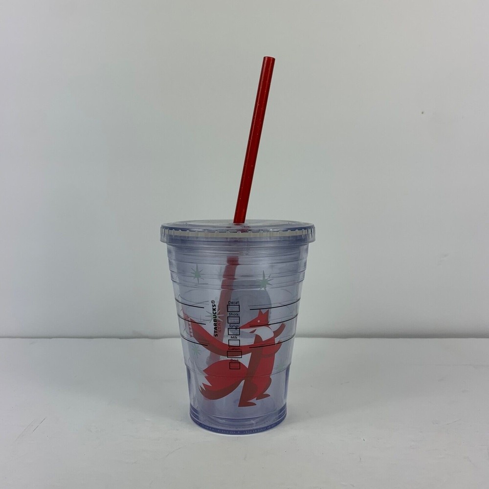 Starbucks Red Fox Tumbler w/ Red Straw 12floz Clear Travel Cup w/ Lid